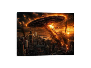 Alien invasion over burning metropolis