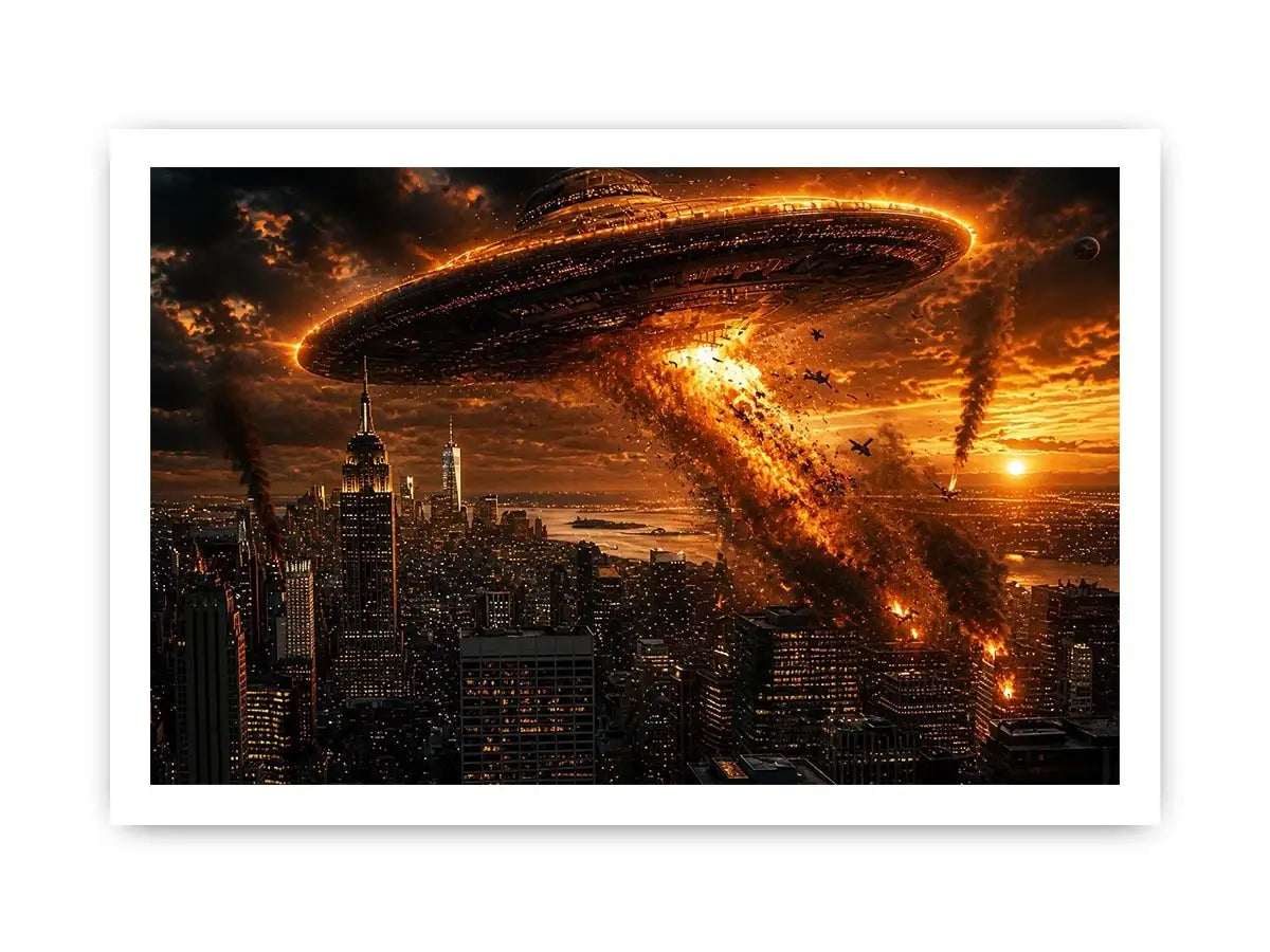 Alien invasion over burning metropolis
