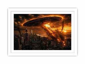Alien invasion over burning metropolis
