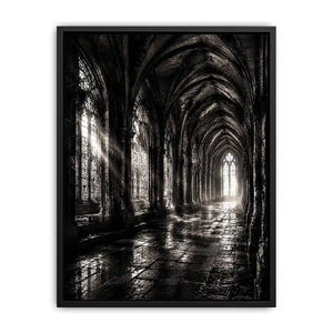 Gothic cathedral corridor in moonlight
