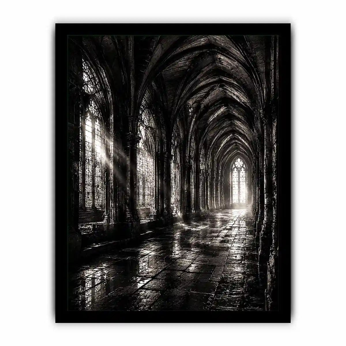 Gothic cathedral corridor in moonlight