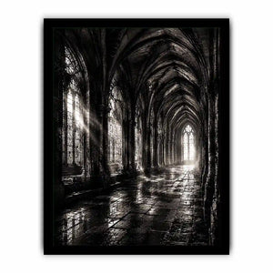 Gothic cathedral corridor in moonlight