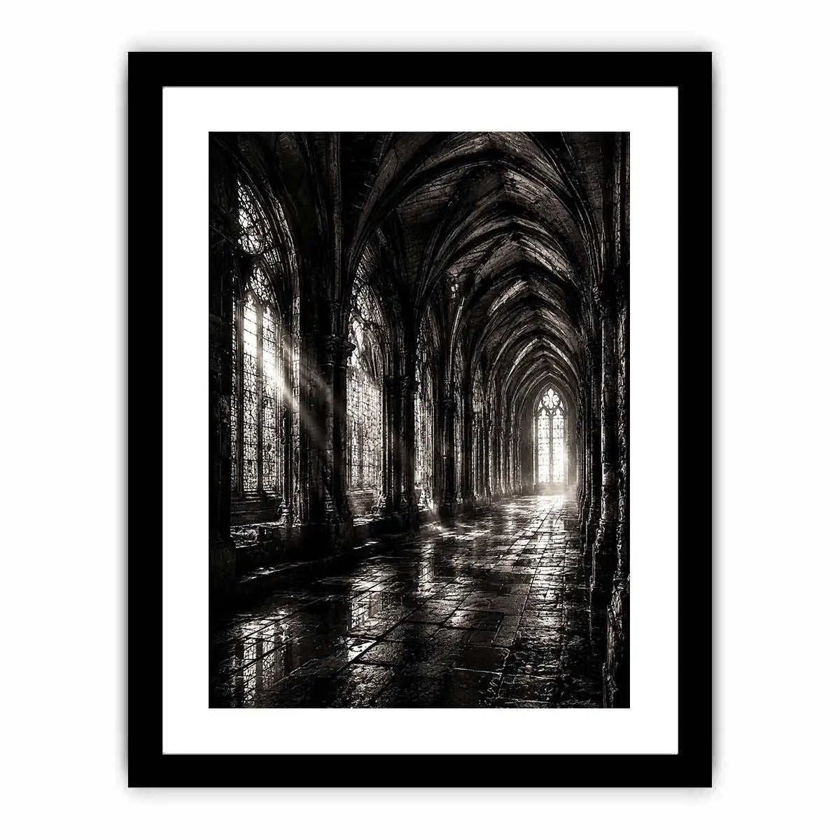 Gothic cathedral corridor in moonlight