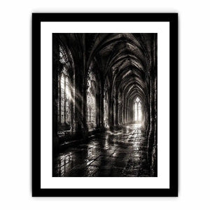 Gothic cathedral corridor in moonlight