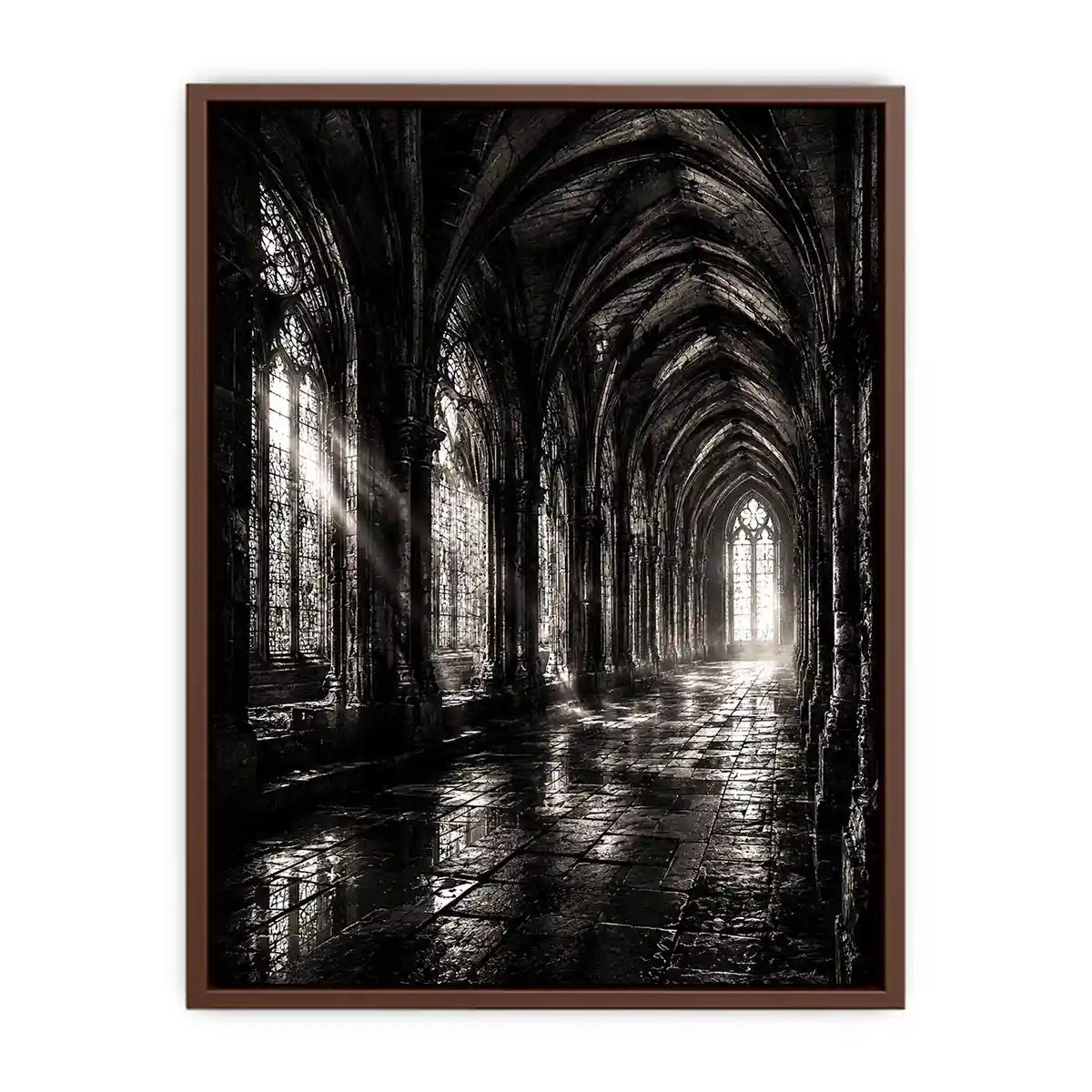 Gothic cathedral corridor in moonlight