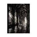 Gothic cathedral corridor in moonlight