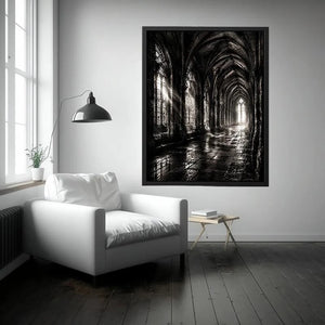 Gothic cathedral corridor in moonlight