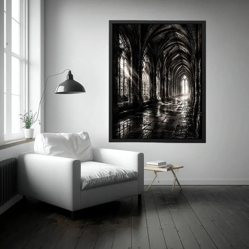 Gothic cathedral corridor in moonlight