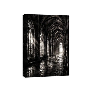 Gothic cathedral corridor in moonlight