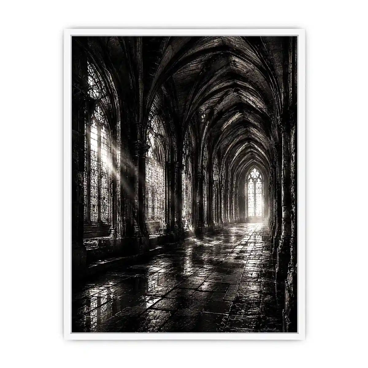 Gothic cathedral corridor in moonlight