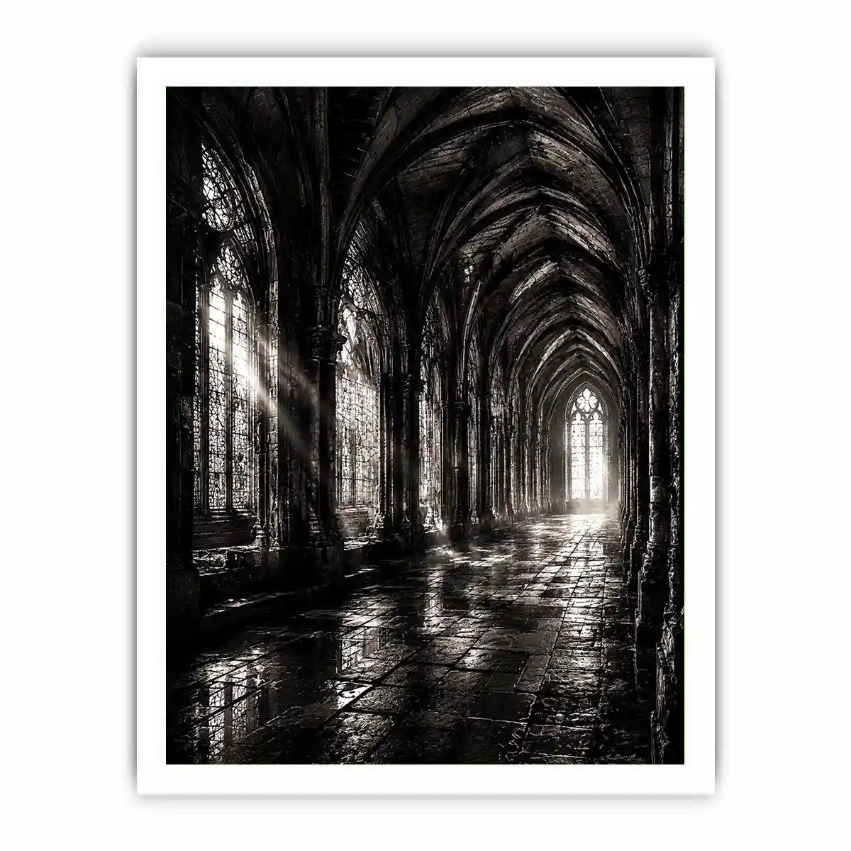 Gothic cathedral corridor in moonlight