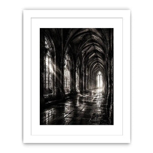 Gothic cathedral corridor in moonlight