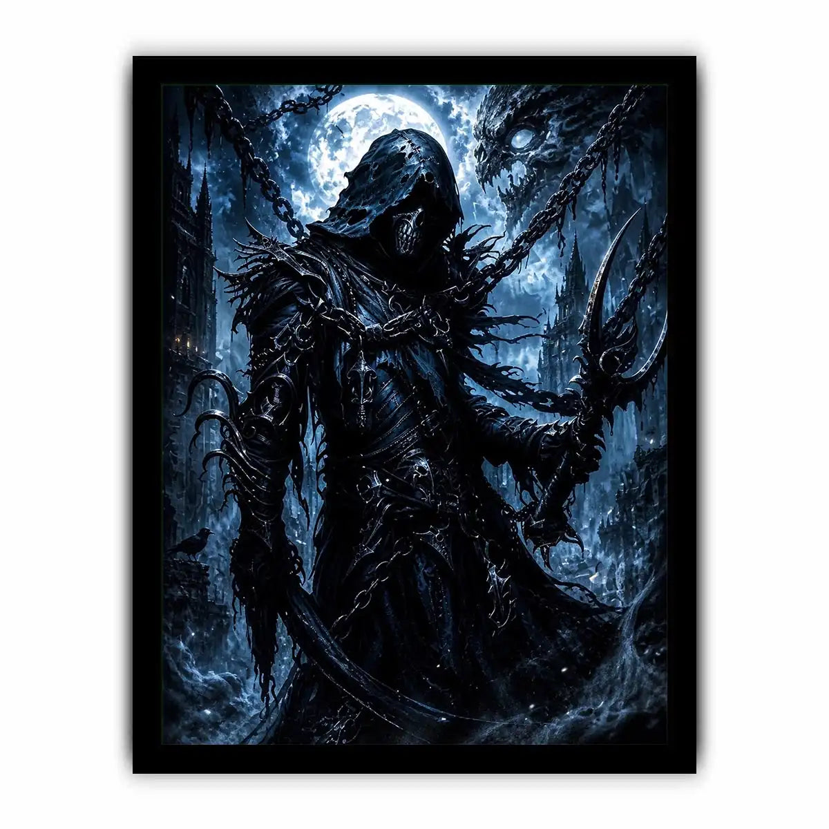 Gothic reaper in a moonlit ruin