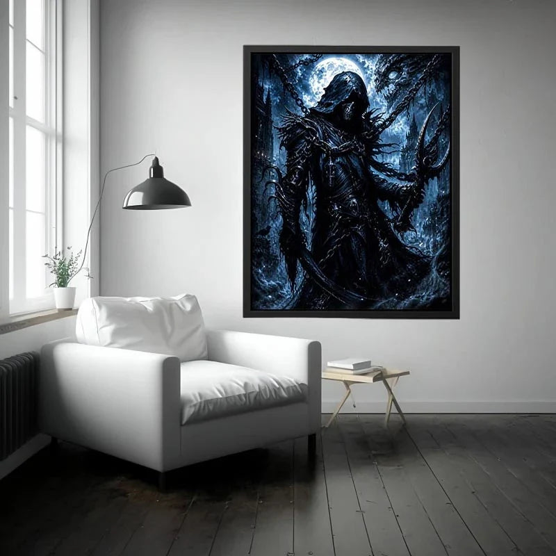 Gothic reaper in a moonlit ruin