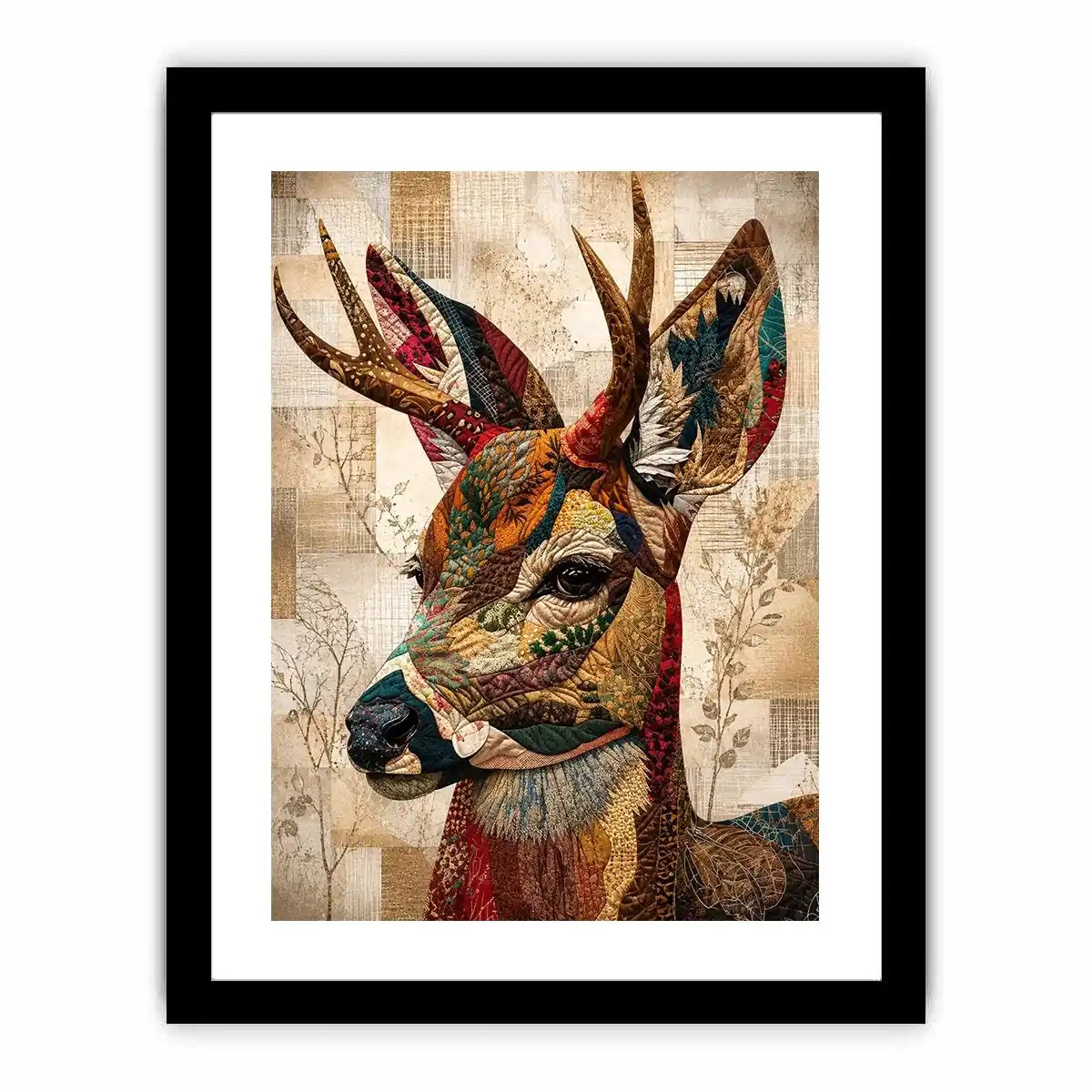Textile stag with patterned antlers