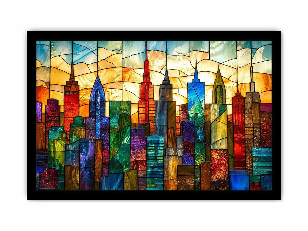 Stained-glass sunset city skyline