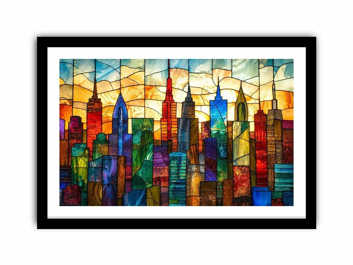 Stained-glass sunset city skyline