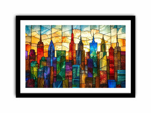 Stained-glass sunset city skyline