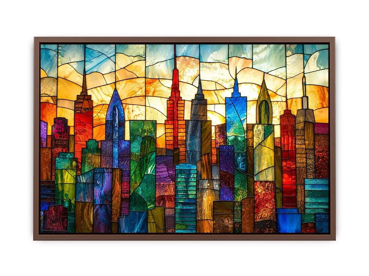 Stained-glass sunset city skyline