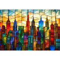 Stained-glass sunset city skyline