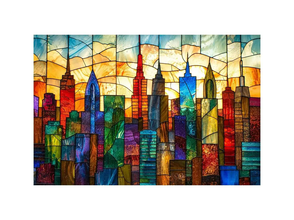 Stained-glass sunset city skyline