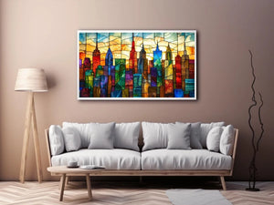 Stained-glass sunset city skyline