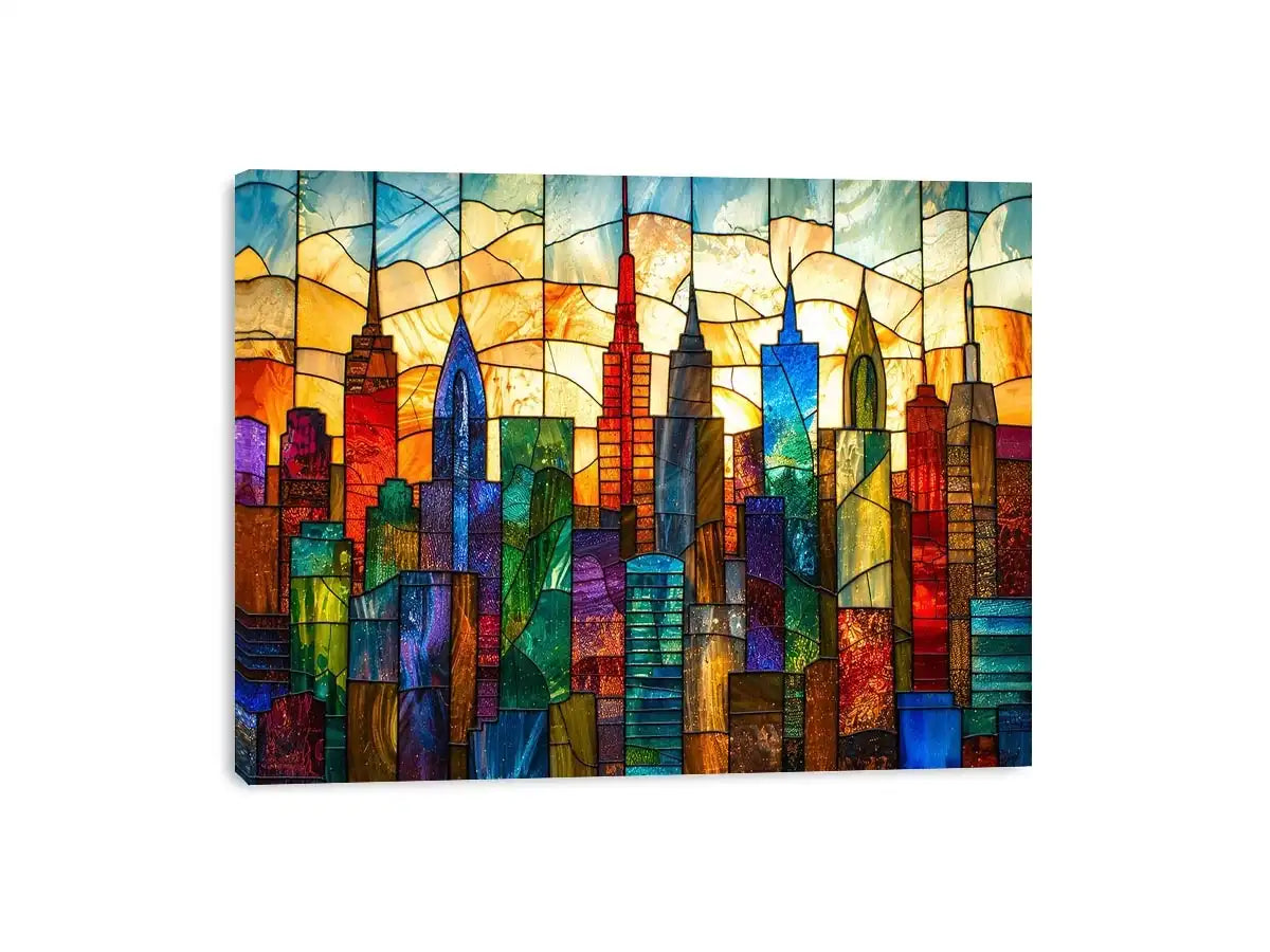 Stained-glass sunset city skyline