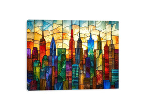 Stained-glass sunset city skyline