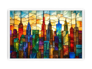Stained-glass sunset city skyline