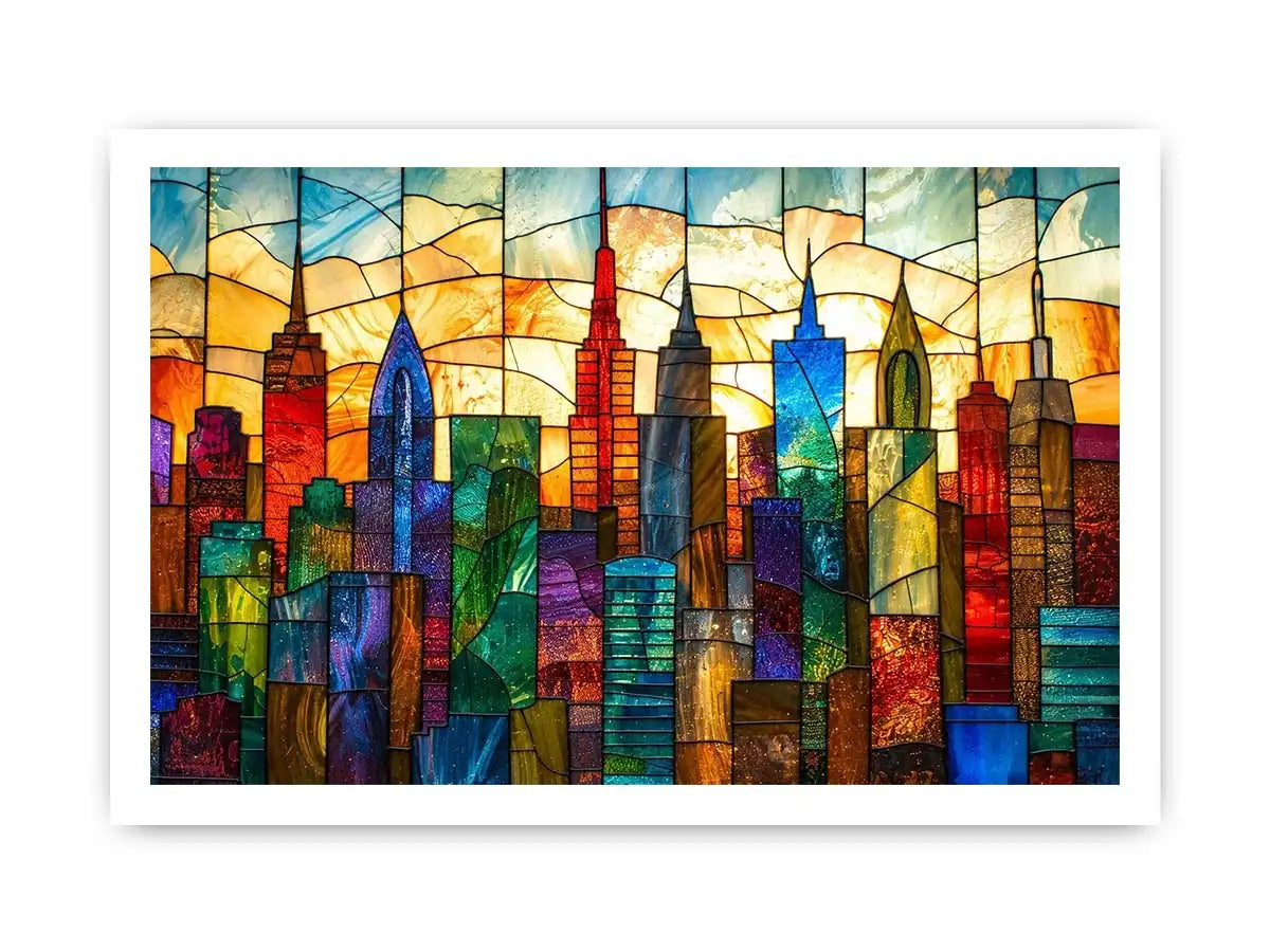 Stained-glass sunset city skyline