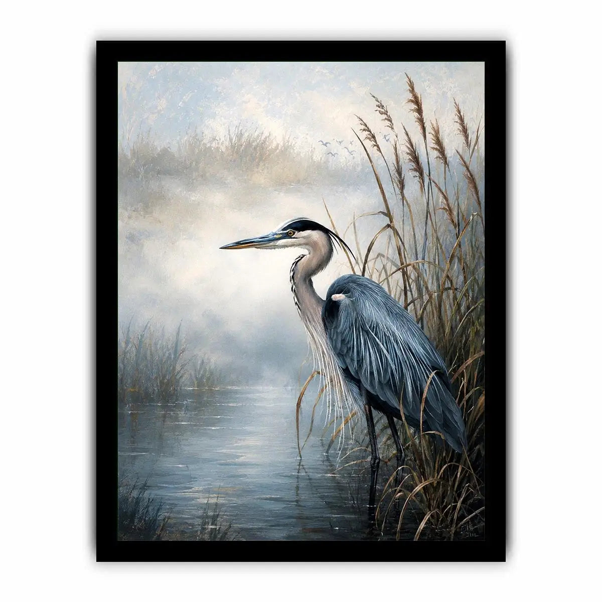 Heron in a misty marsh