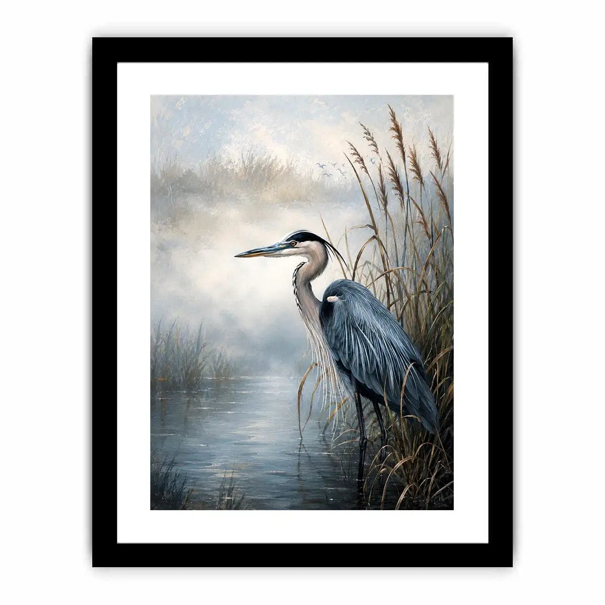 Heron in a misty marsh