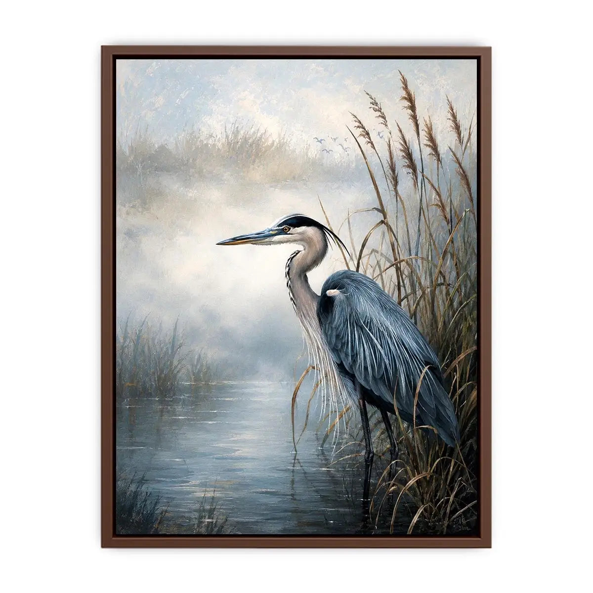 Heron in a misty marsh