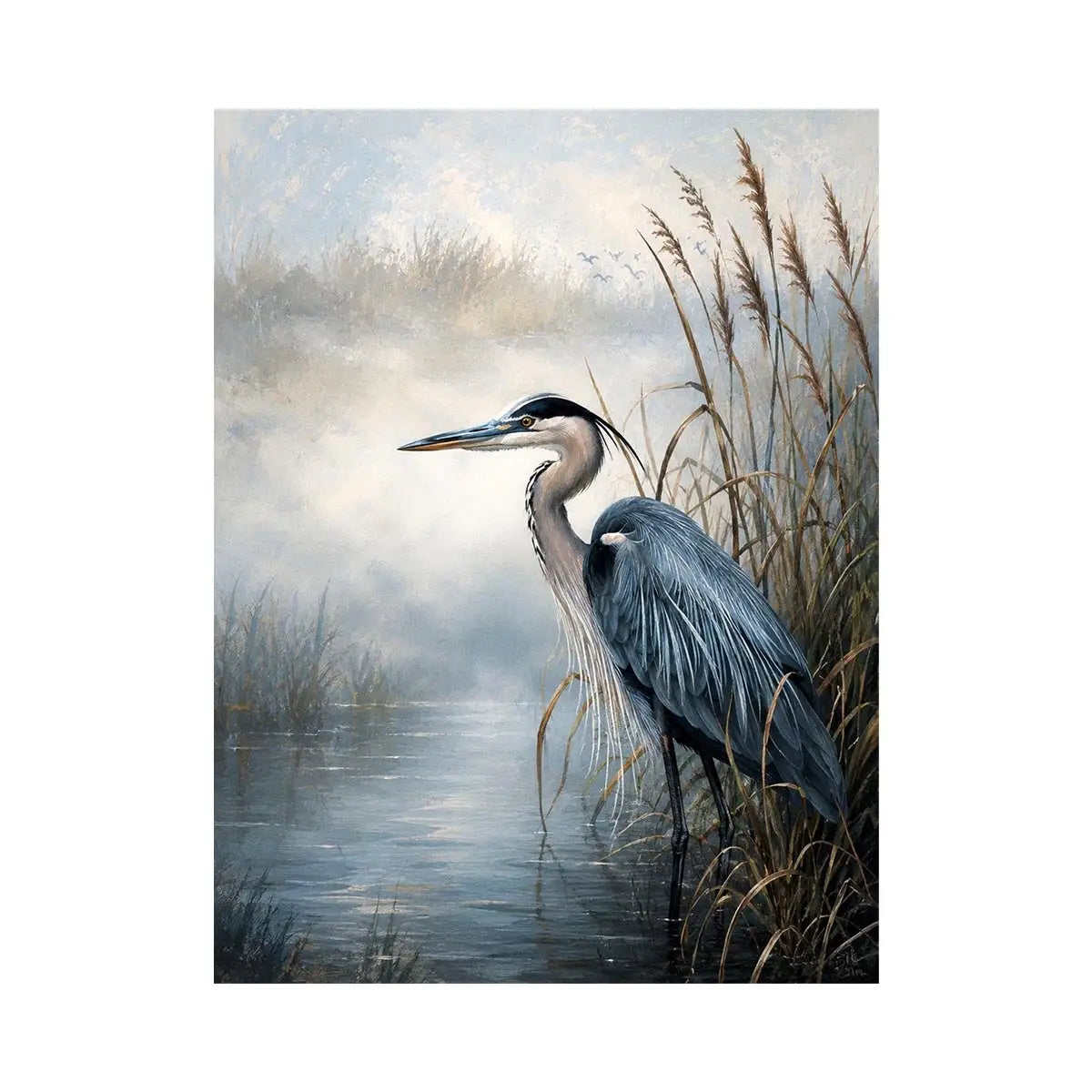 Heron in a misty marsh