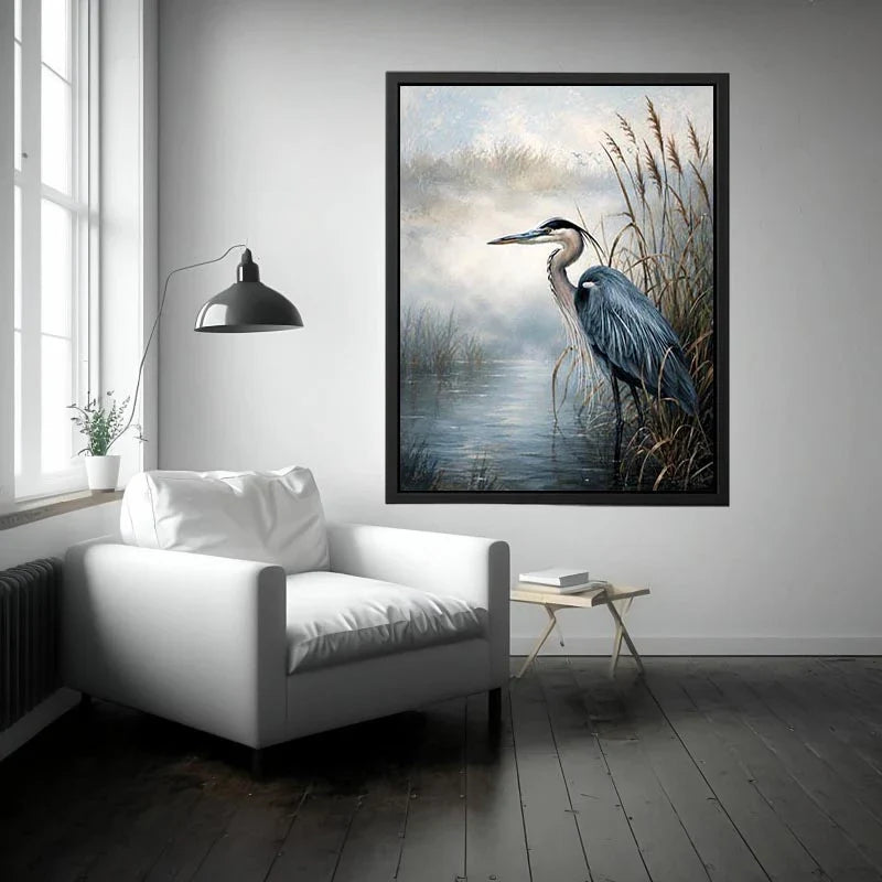 Heron in a misty marsh