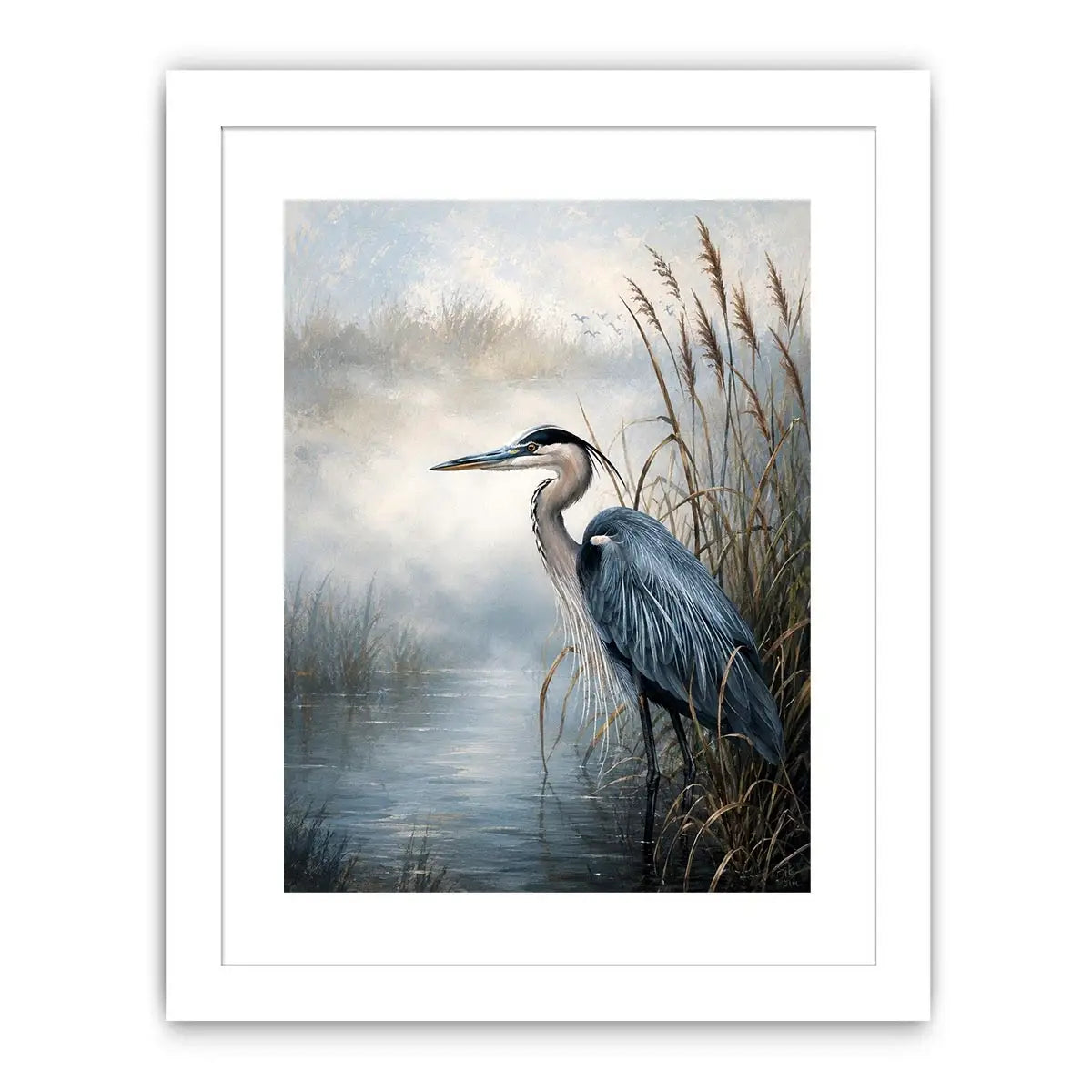 Heron in a misty marsh