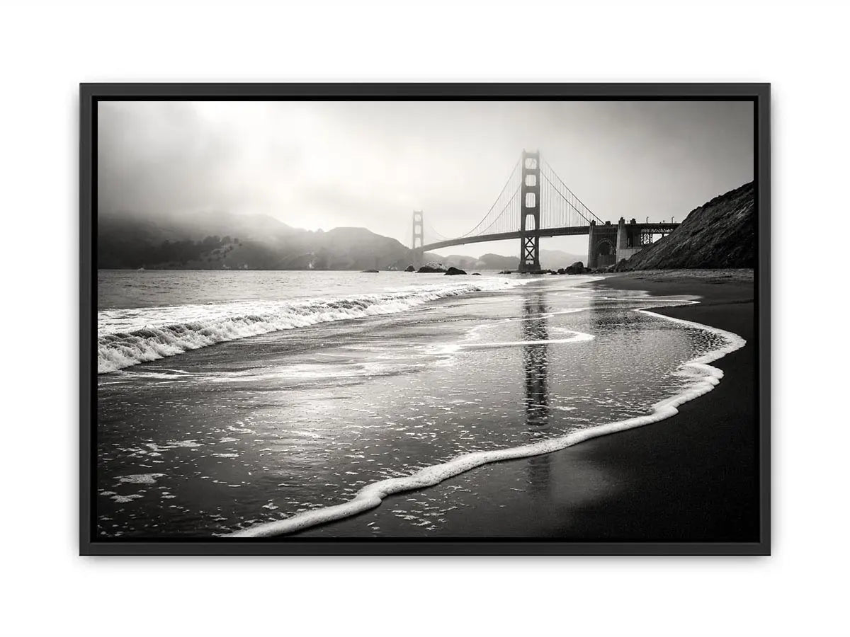 Misty coastal bridge at dawn