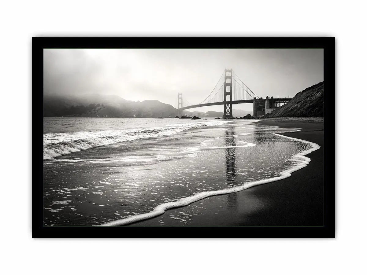 Misty coastal bridge at dawn
