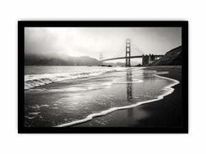 Misty coastal bridge at dawn