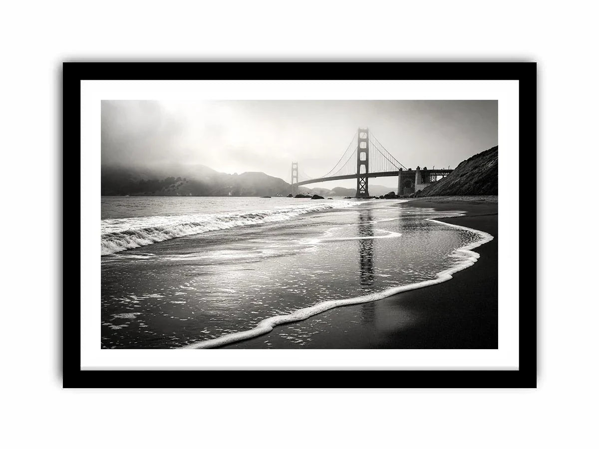 Misty coastal bridge at dawn