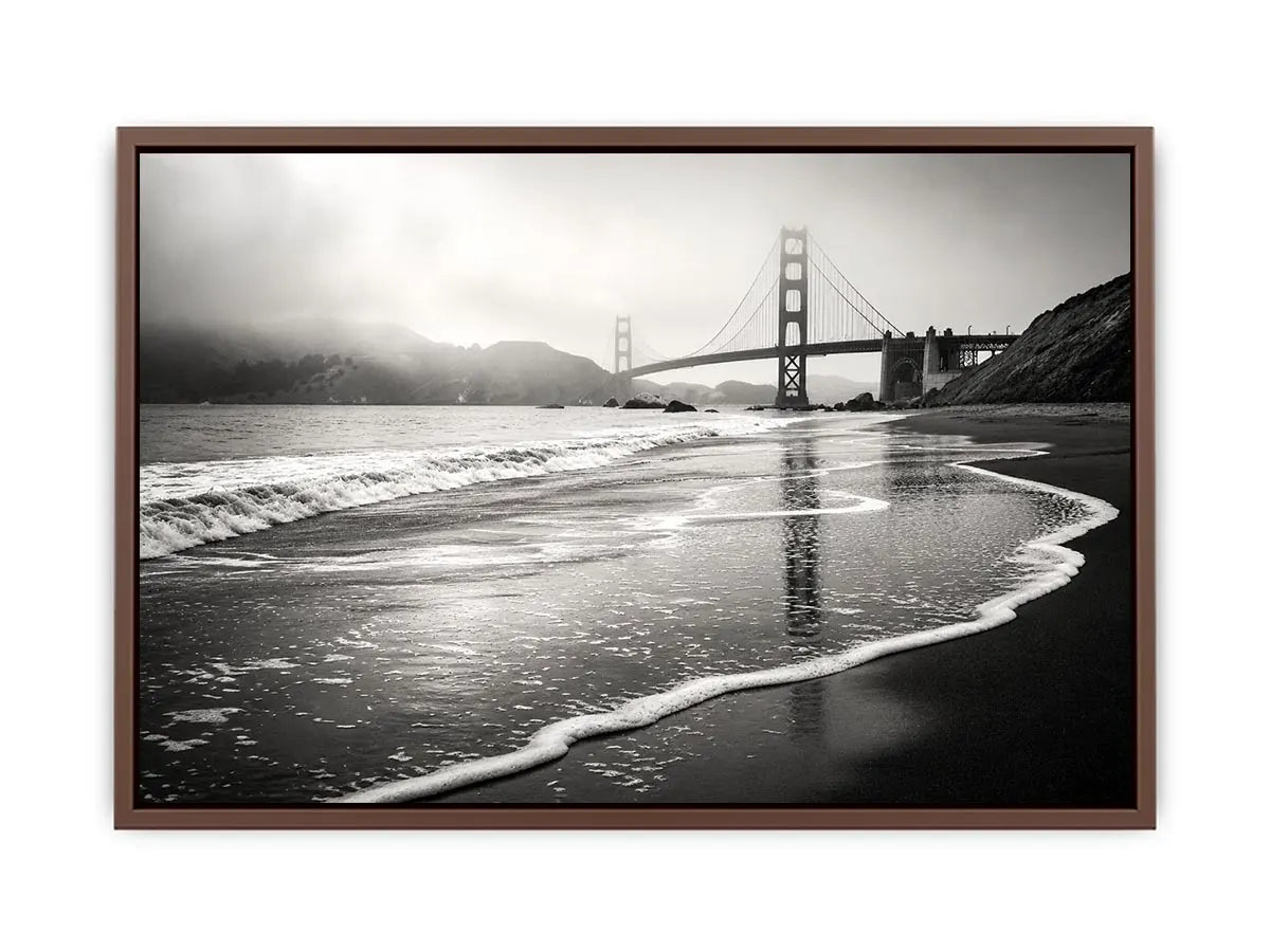 Misty coastal bridge at dawn
