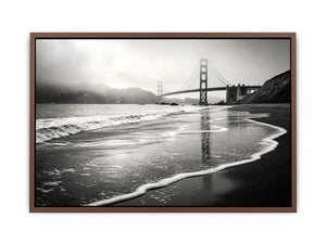 Misty coastal bridge at dawn