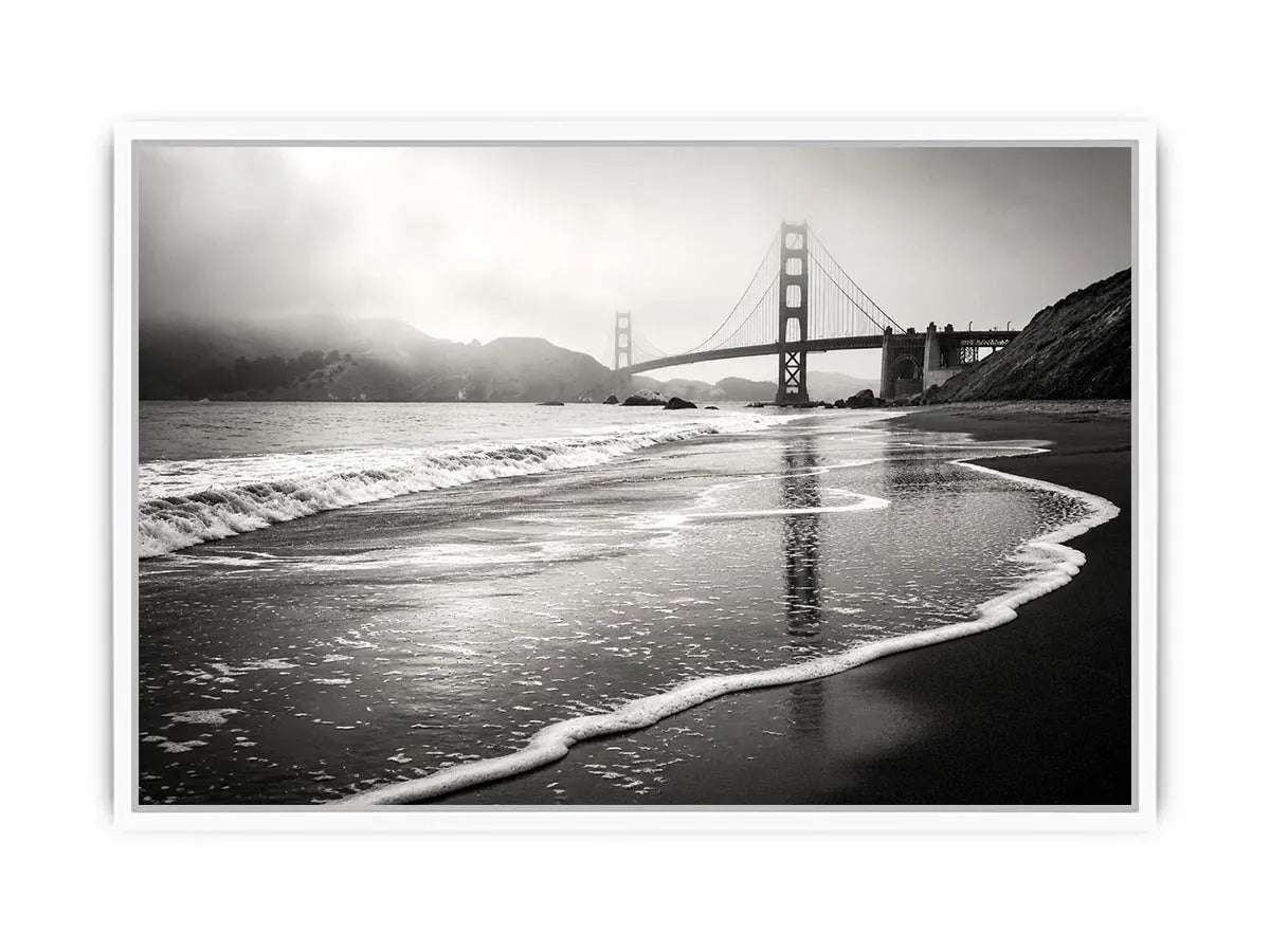 Misty coastal bridge at dawn