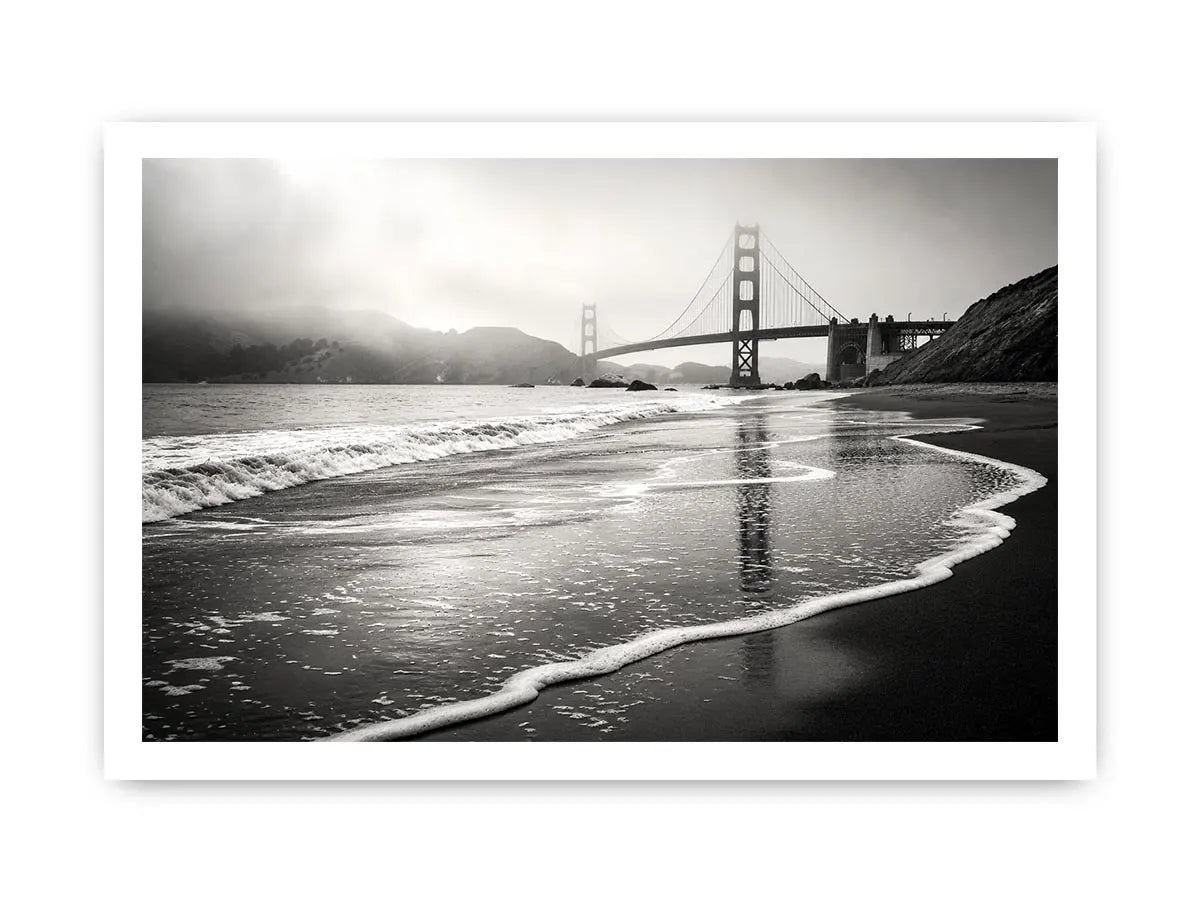 Misty coastal bridge at dawn