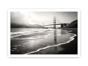 Misty coastal bridge at dawn
