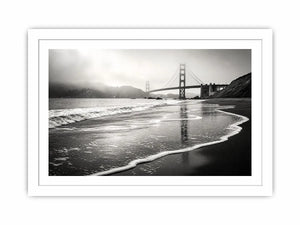 Misty coastal bridge at dawn