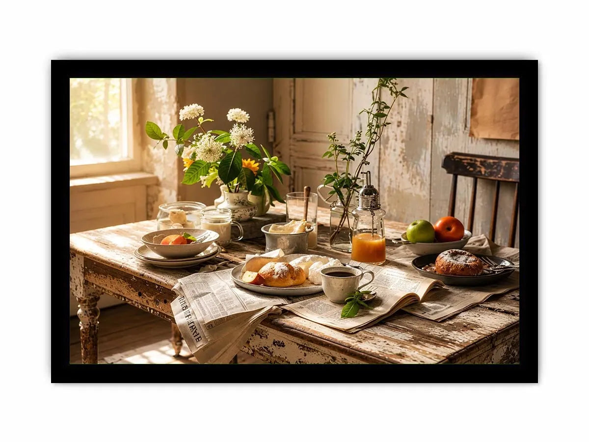 Cozy farmhouse breakfast in morning light