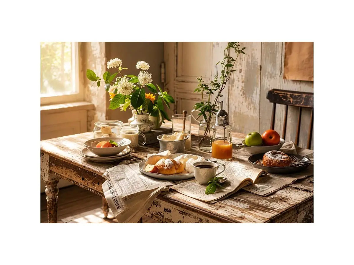 Cozy farmhouse breakfast in morning light