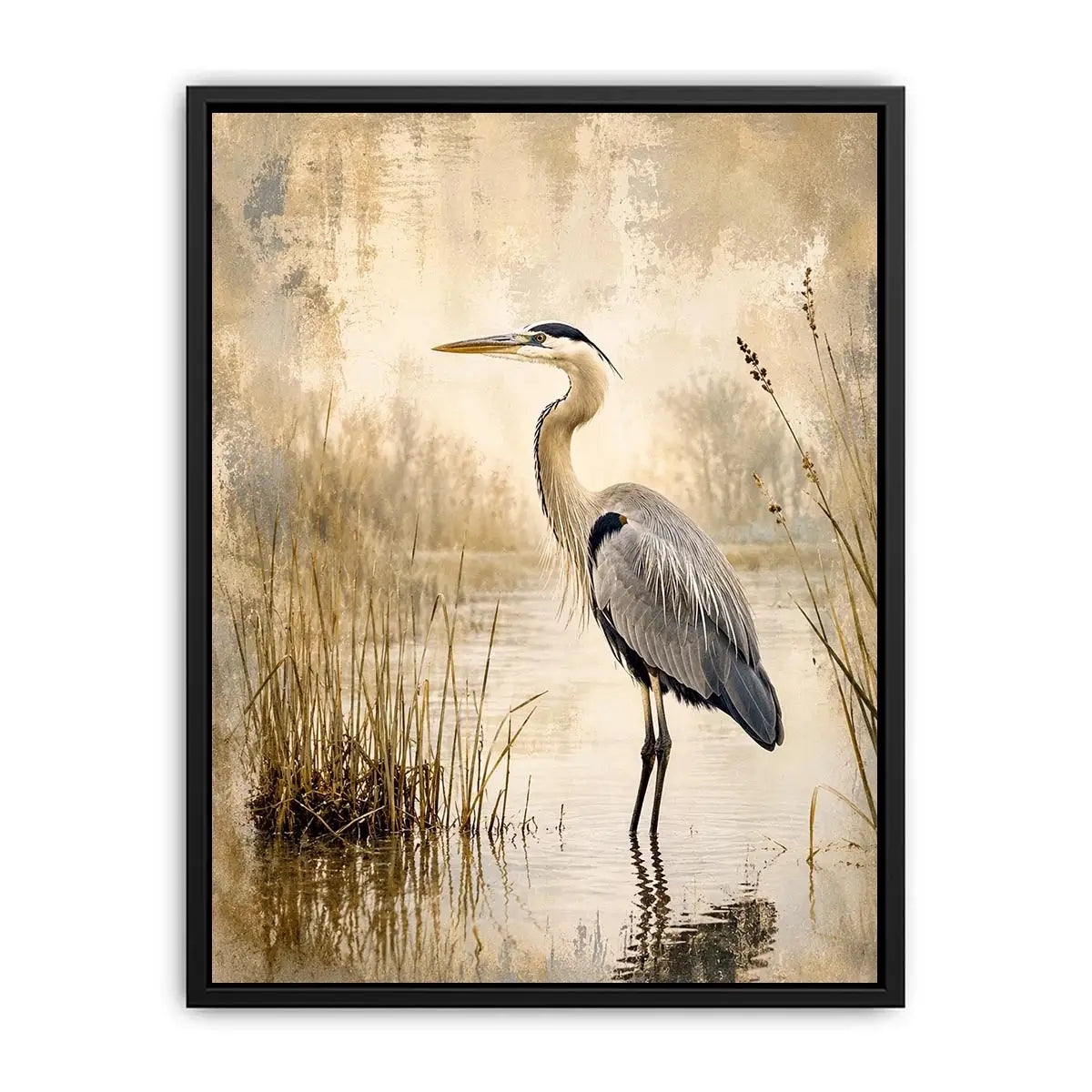 Heron in a misty marsh