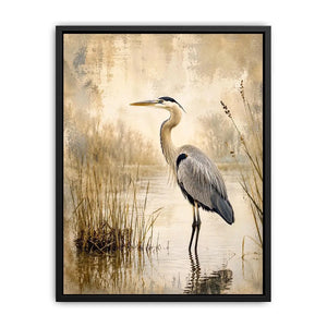 Heron in a misty marsh
